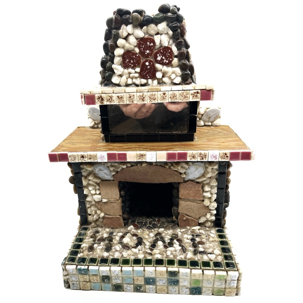 Vtg Handmade Pebbles Wood Fireplace Hearth Table Lamp Cabin Decor Folk Art Craft